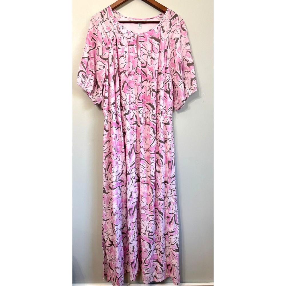 Nine West Womens Plus 2X Pink Floral Maxi Dress Elastic Waist Short Sleeve